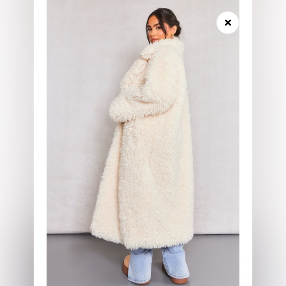 NWT PLT PRETTYLITTLETHING Soft Touch Longline Borg Coat Cream Size US 2 UK 6 - Picture 6 of 16